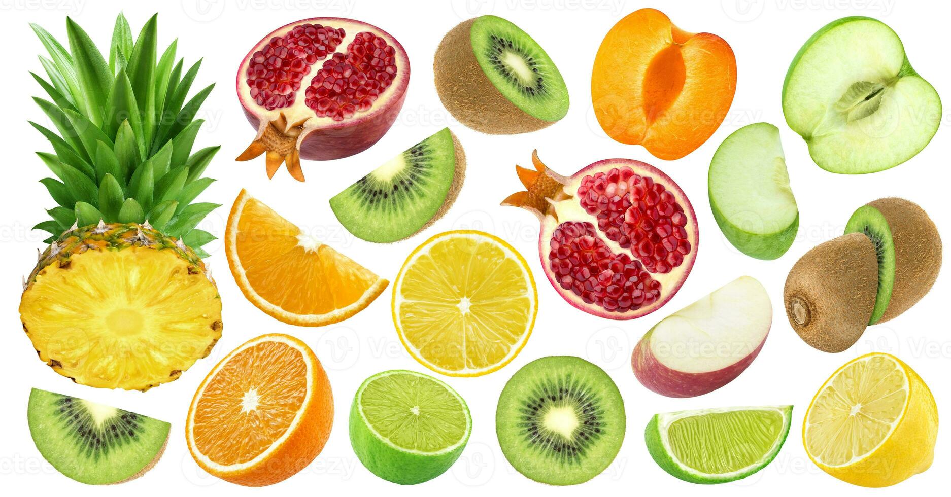 einstellen von Schnitt Früchte isoliert auf Weiß Hintergrund foto
