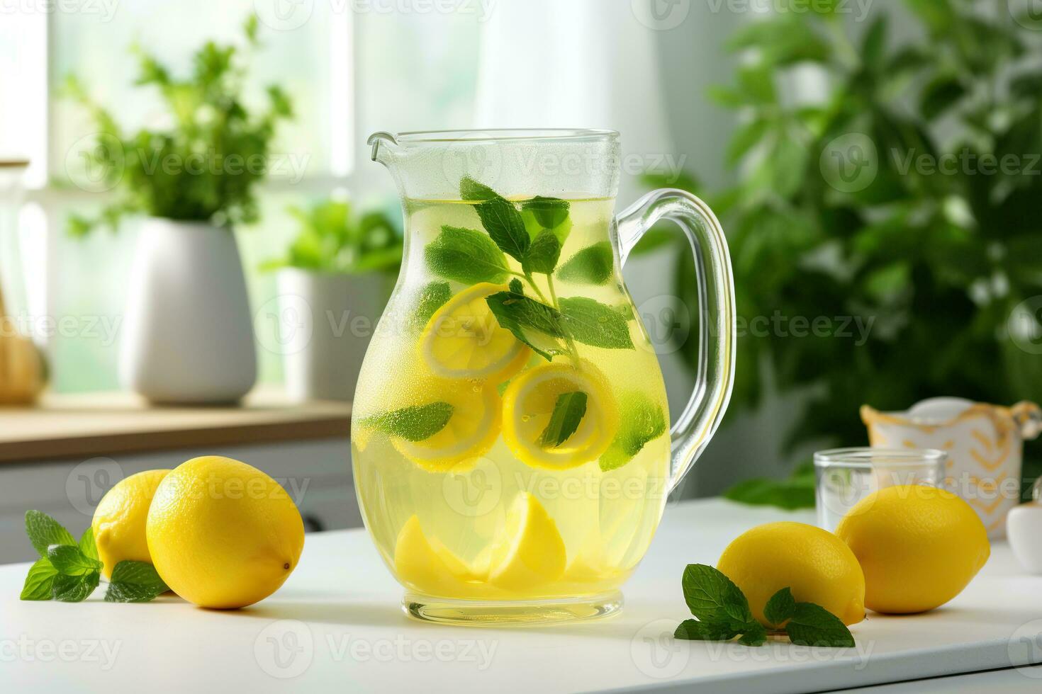 Zitrusfrüchte Limonade im ein Krug auf ein Tabelle im das Küche. Zitronen und Minze, Vase mit Blumen. generiert durch künstlich Intelligenz foto