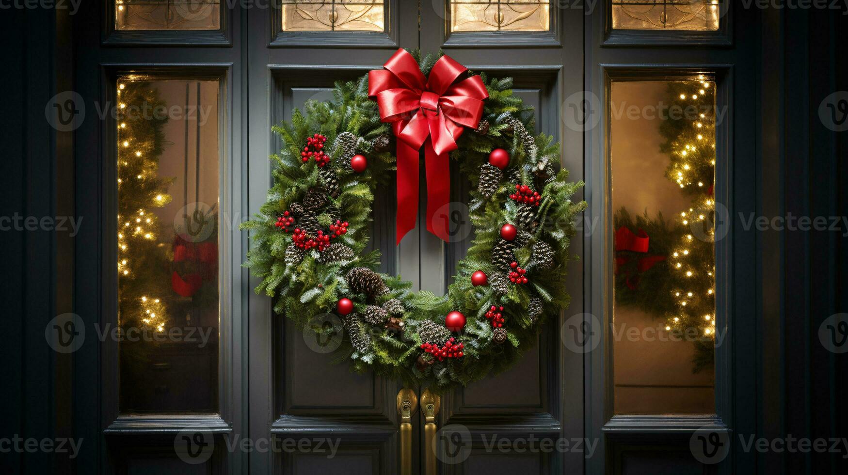 ai generativ Weihnachten Kranz mit rot Bogen und Beeren auf das Tür schließen oben foto