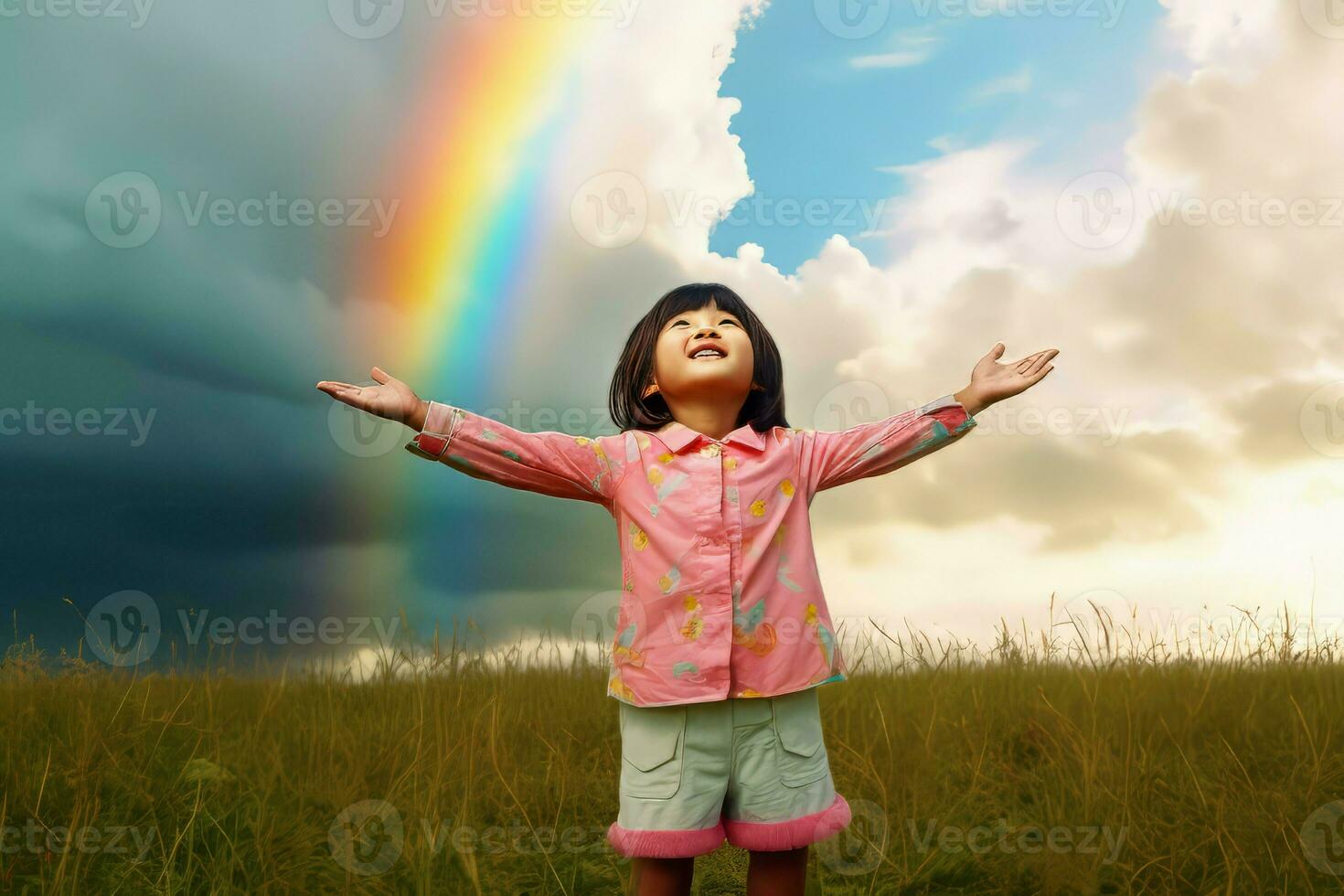 asiatisch wenig Mädchen unter Regenbogen. generieren ai foto