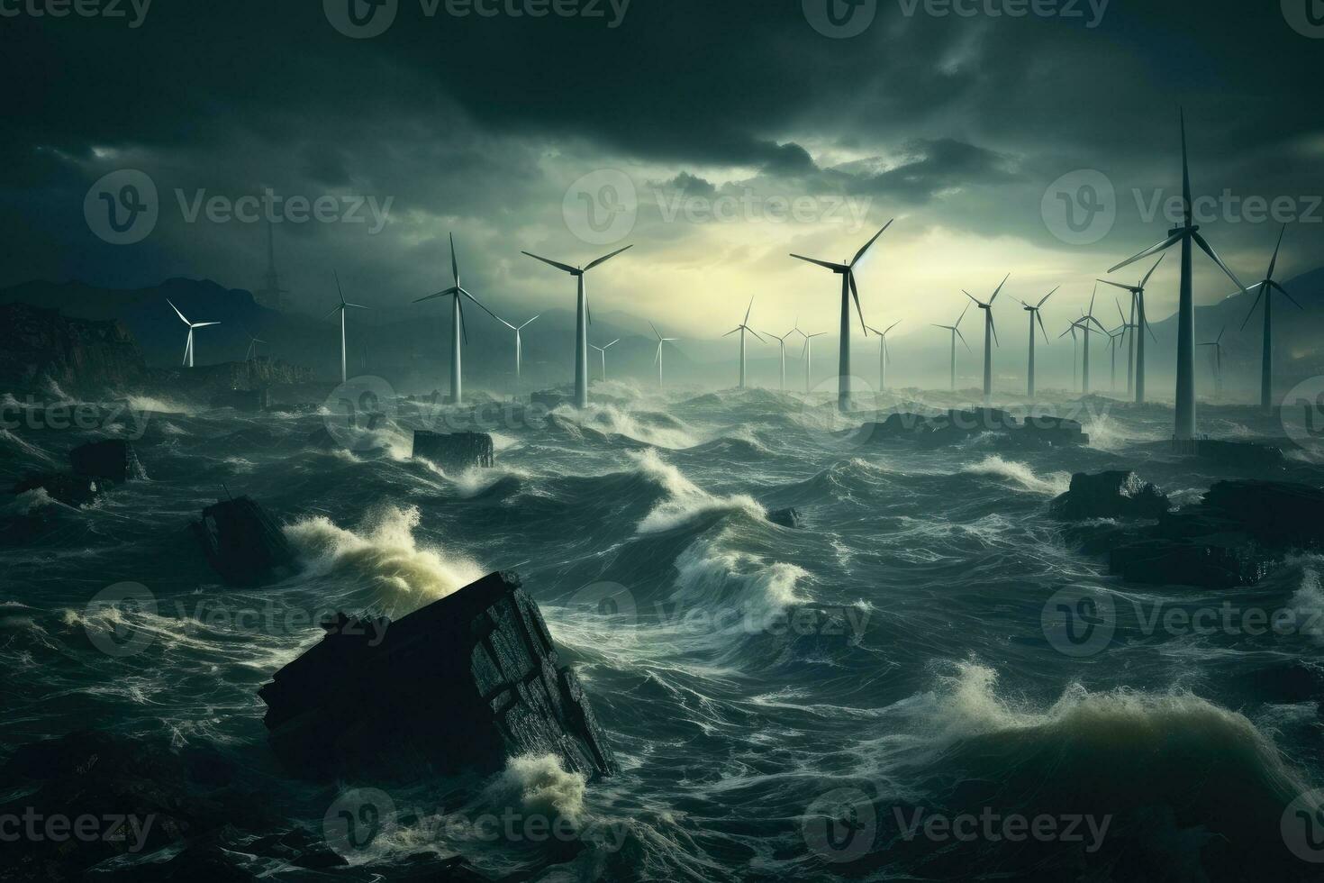 Wind Turbinen auf das surreal Meer. verlängerbar Energie Hintergrund mit Grün Energie. generativ ai foto
