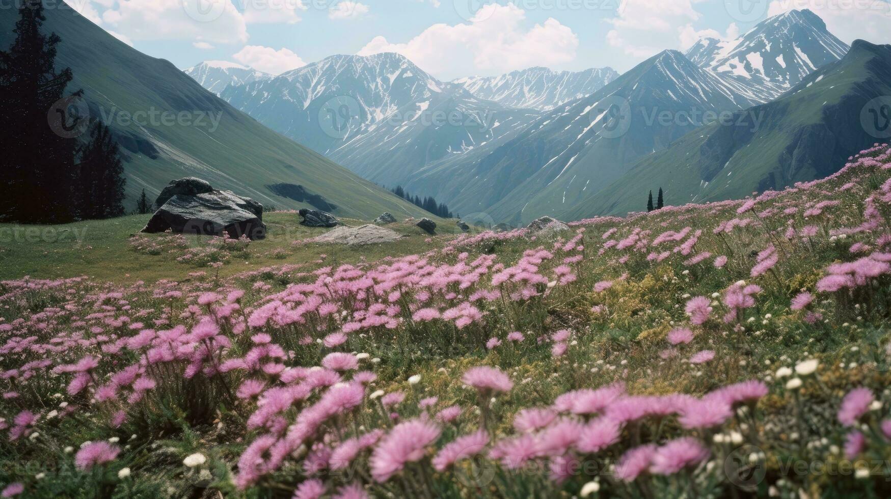 ein Feld von Gras und lila Blumen, Berge und ein hell Frühling Himmel im das Hintergrund. generativ ai foto