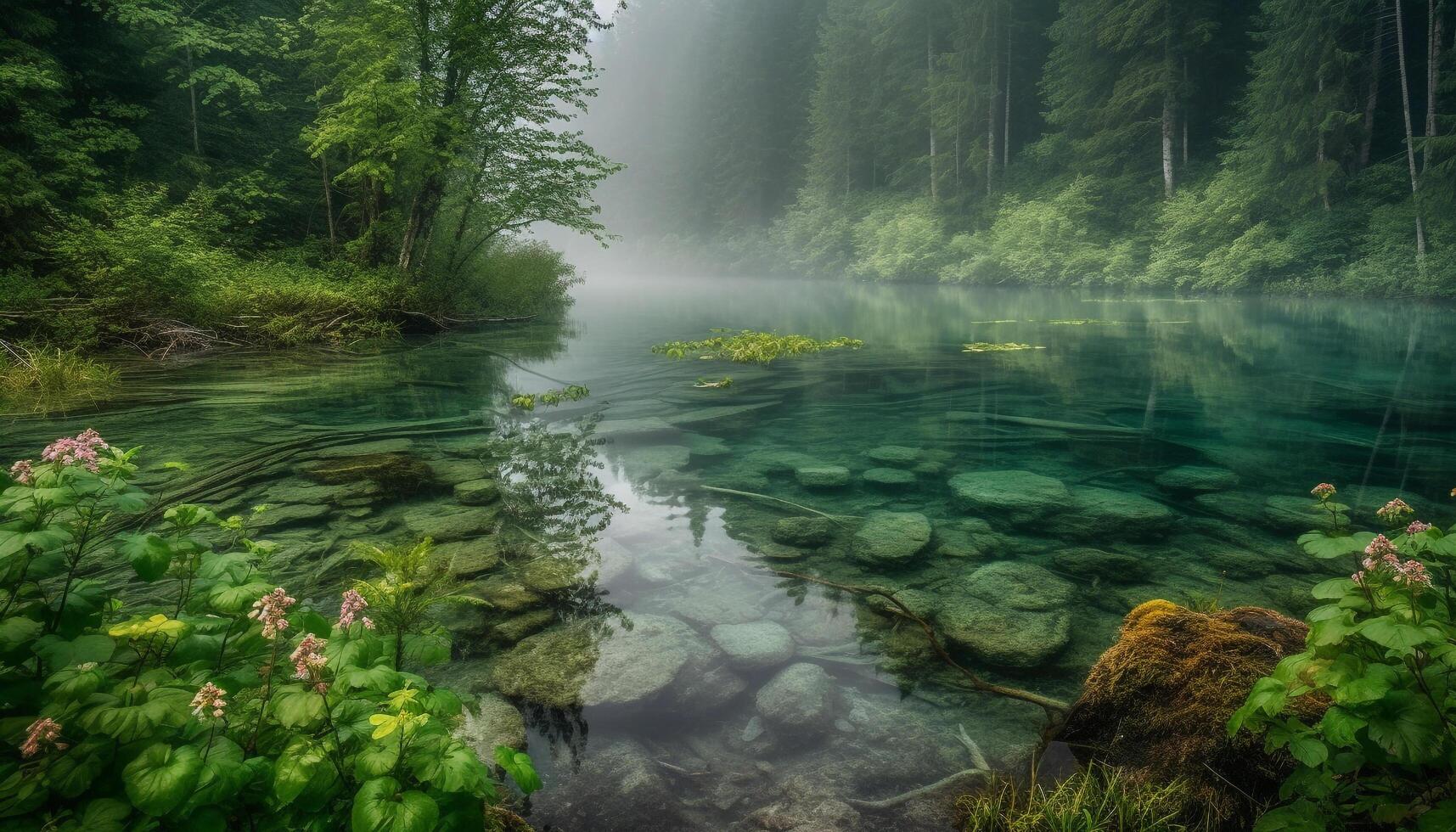 das Grün Wald spiegelt es ist Schönheit im das still Teich generiert durch ai foto