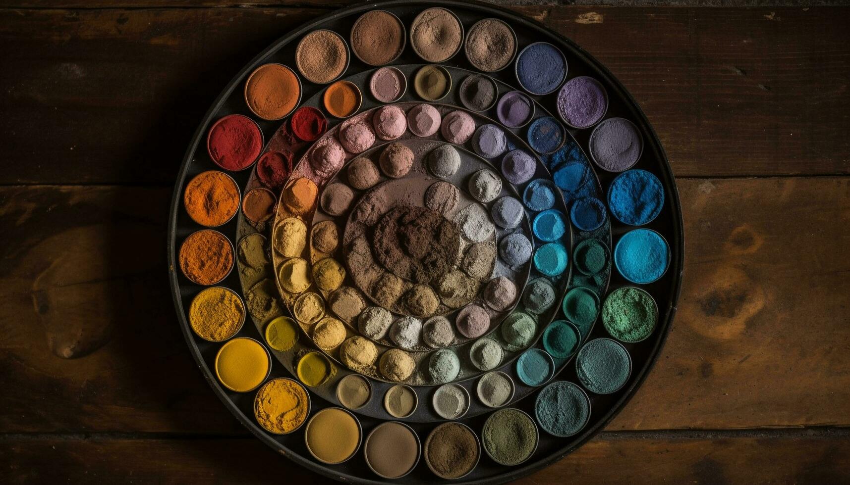 hölzern Tabelle mit ein Sammlung von alt gestaltet, beschwingt farbig Kunsthandwerk generiert durch ai foto