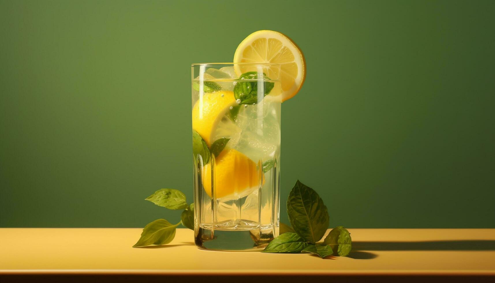 erfrischend Limonade mit Minze, Eis, und Zitrusfrüchte Obst Scheibe generiert durch ai foto