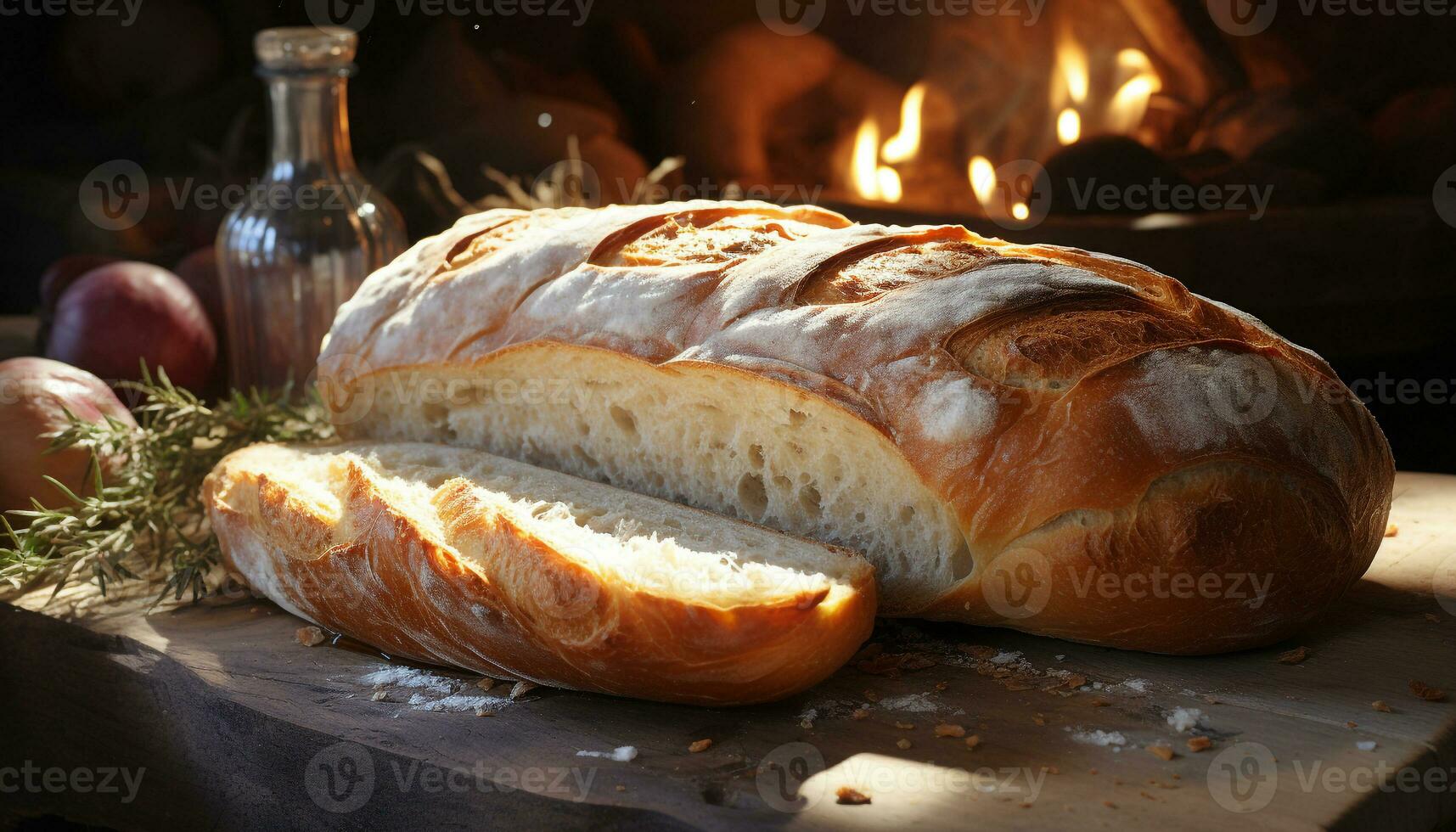 frisch gebacken Brot auf ein rustikal Tisch, bereit zu Essen und köstlich generiert durch ai foto