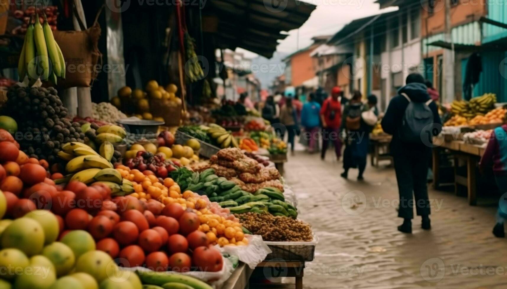 frisch Früchte und Gemüse verkauft beim ein geschäftig Straße Markt generiert durch ai foto