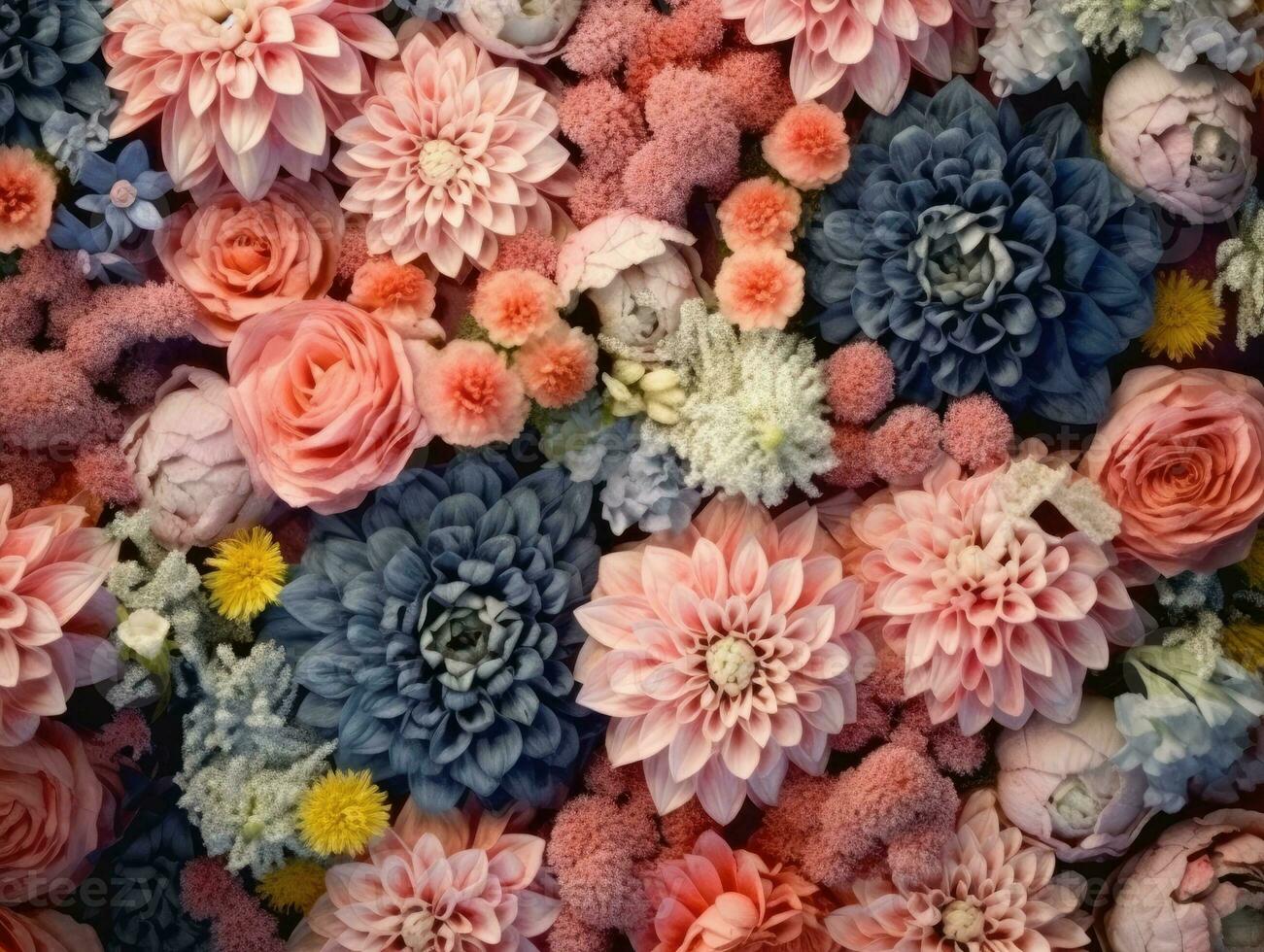 Blumen Mauer Hintergrund mit bunt frisch Blumen eine solche wie Rosen, Chrysantheme, im das Stil von ein Antenne Sicht. generativ ai foto