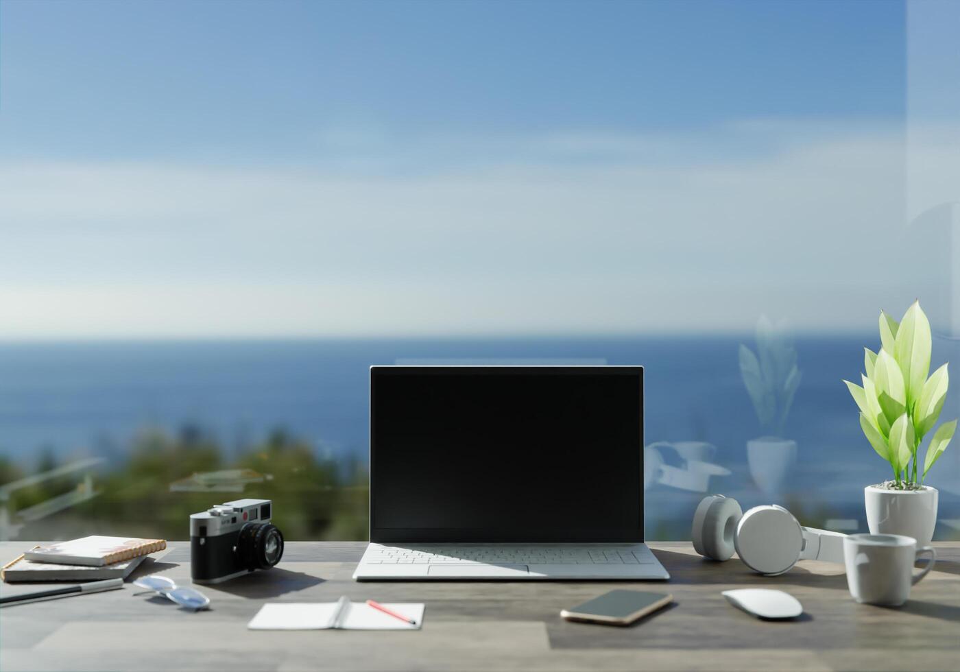 Büroraum mit Laptop auf dem Tisch, 3D-Stil. foto