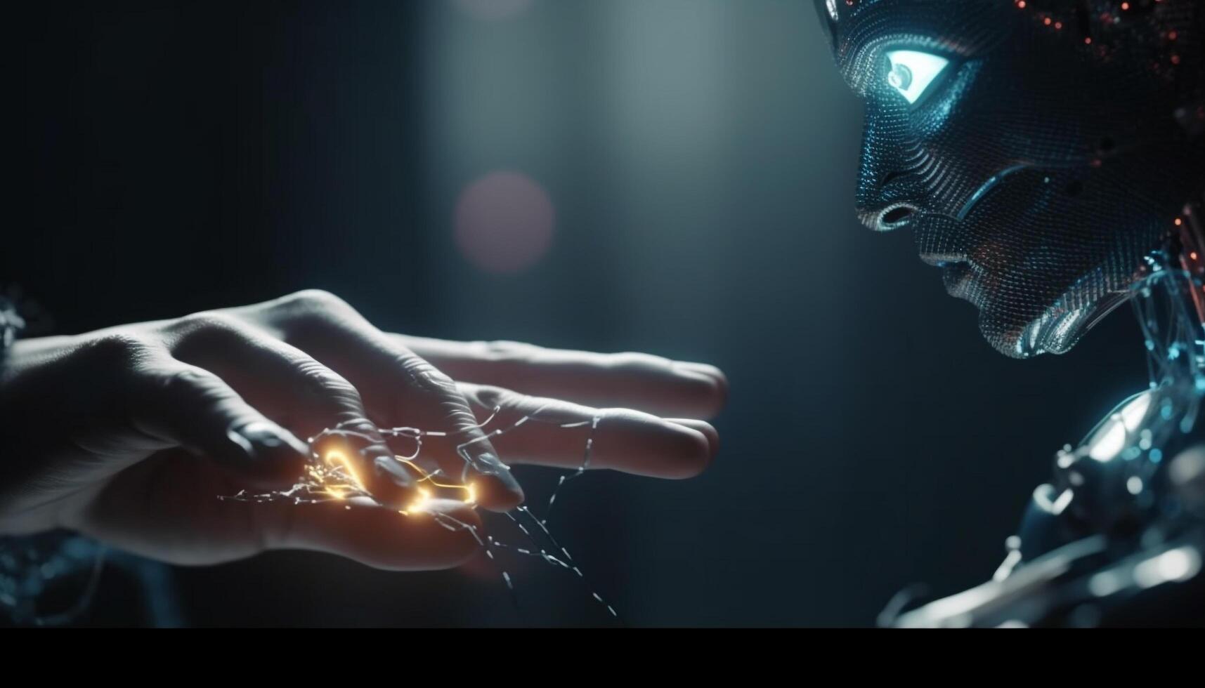 glühend Cyborg Hand Arbeiten futuristisch Technologie Ausrüstung generiert durch ai foto