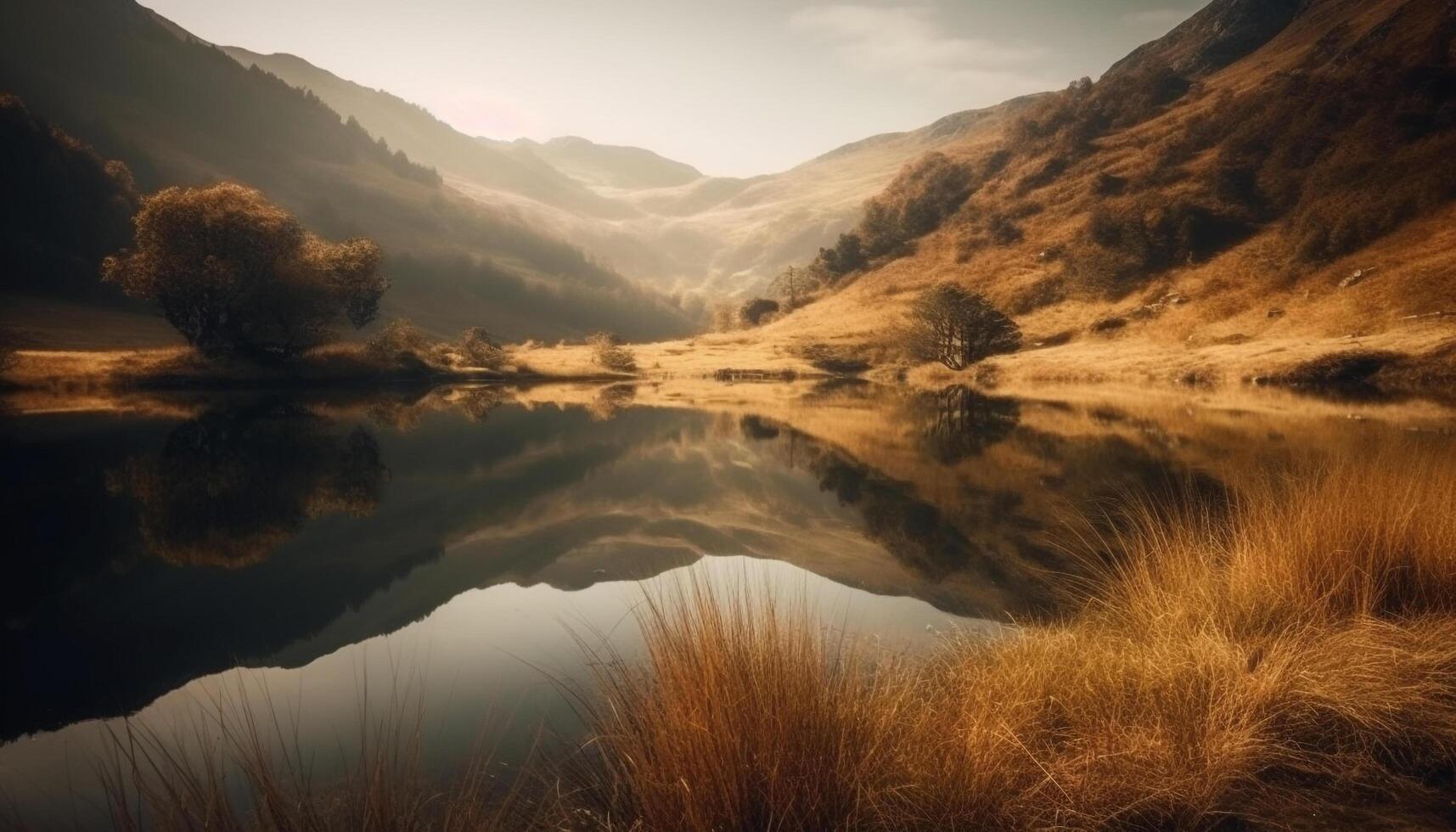 still Szene von majestätisch Berg Angebot beim Dämmerung, reflektieren Schönheit generiert durch ai foto