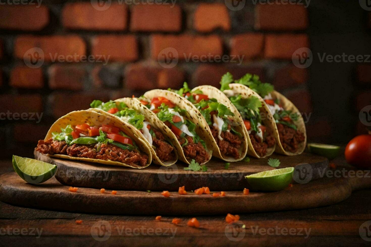 Tacos mit ein rustikal rot Backstein Hintergrund. ai generativ foto