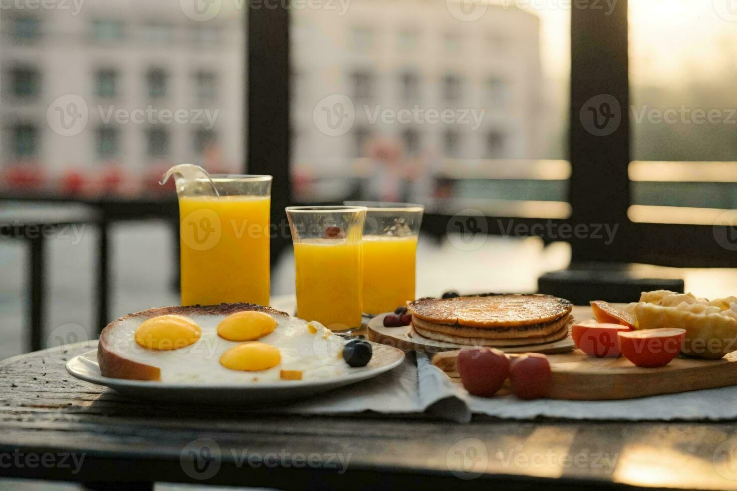 gesund Frühstück mit durcheinander Eier, Saft und Früchte. ai generativ foto