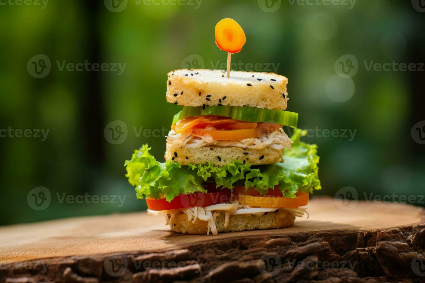 schließen oben von hoch Sandwich auf Tisch. ai generativ foto