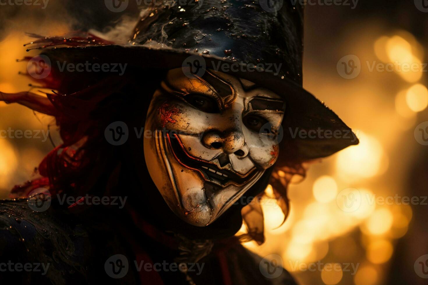 ein Kerl fawkes Maske, hervorgehoben durch das Tanzen Licht. ai generativ foto