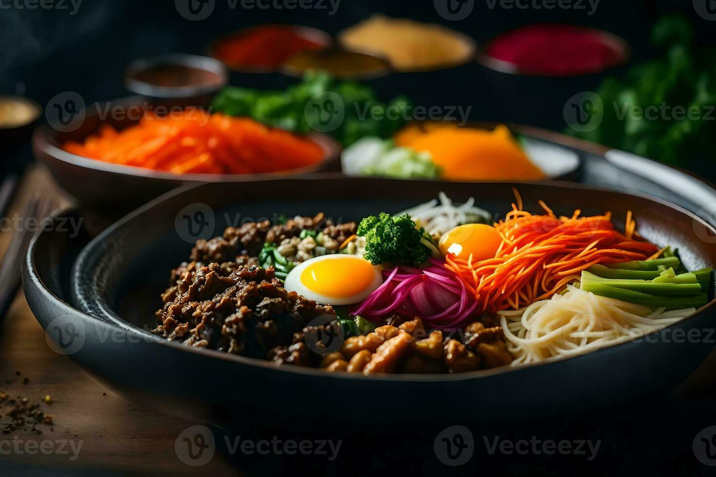 das Kamera ist ziehen um näher zu Show ein köstlich und Gut bekannt Essen namens bibimbap, welche ist von Korea Manchmal, es können Sein schwer zu Zahl aus Was ist Ereignis hinter etwas ai generiert foto