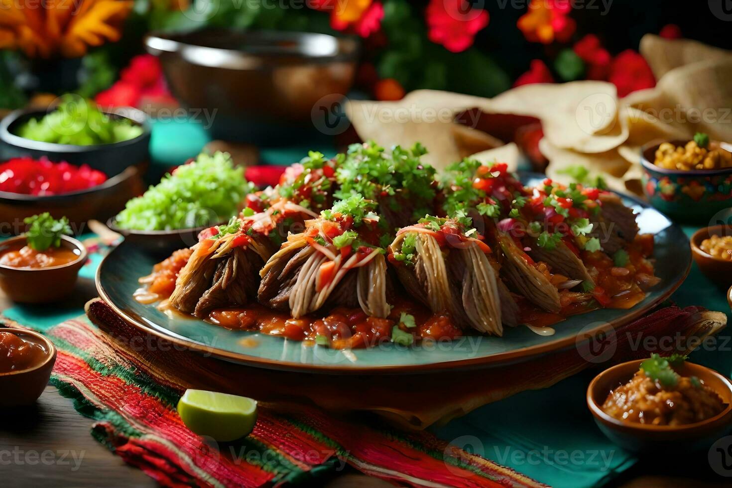 ein lecker Mexikaner Gericht namens Carnitas ist stellen auf ein ziemlich Tabelle beim ein Party ai generiert foto