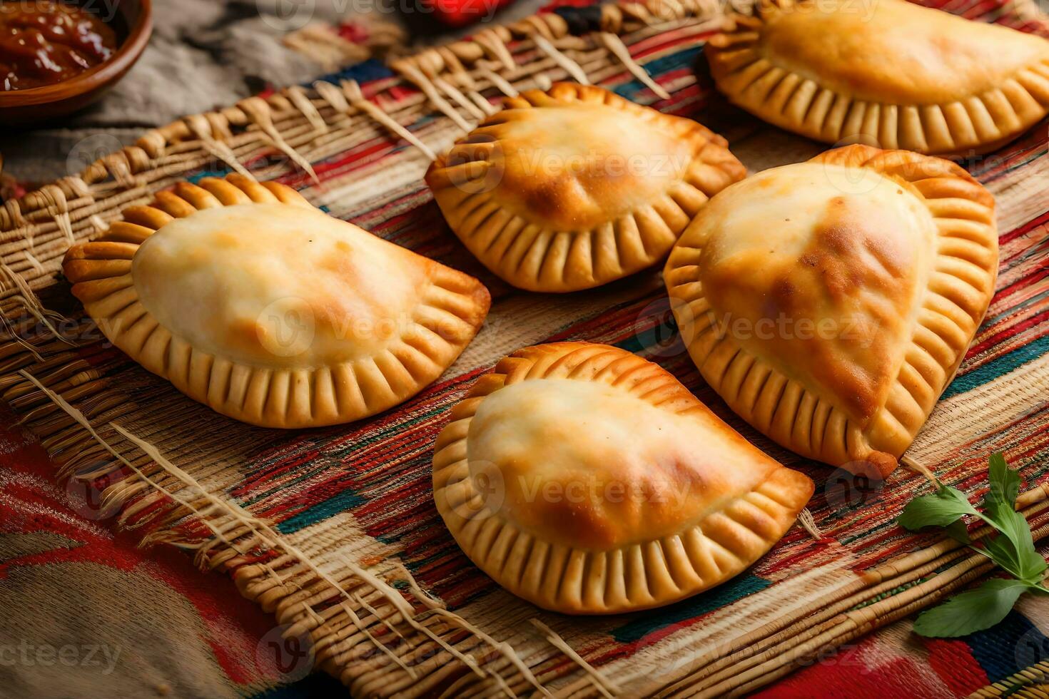 ein klein Portion von köstlich Argentinien Gebäck namens Empanadas ist platziert auf ein traditionell gewebte Matte von das andean Region ai generiert foto