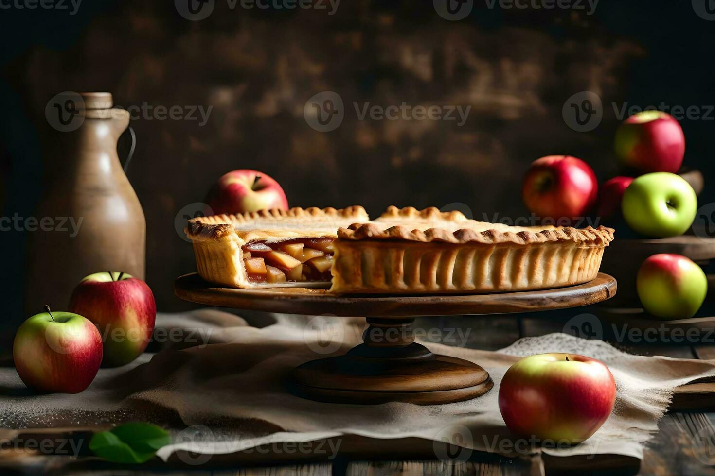 ein Scheibe von traditionell amerikanisch Apfel Kuchen ist angezeigt auf ein alt gestaltet hölzern Kuchen Stand ai generiert foto