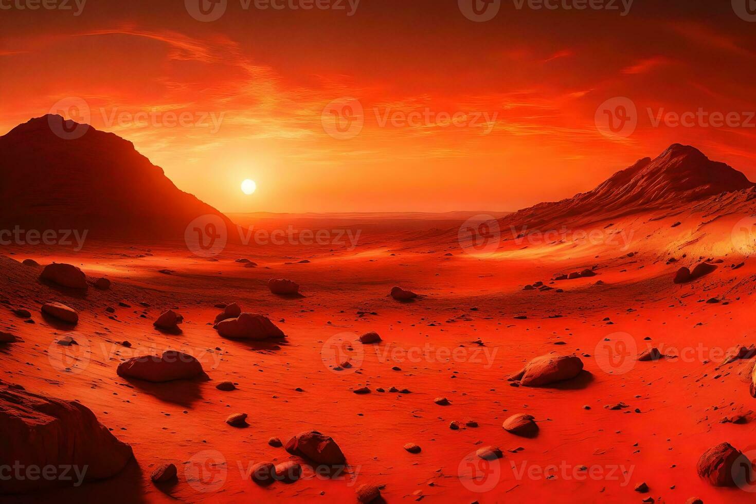 ein Bild von das Sonnenuntergang auf Mars, wo das weit weg Horizont ist farbig im Schatten von rot und Gold ai generiert foto