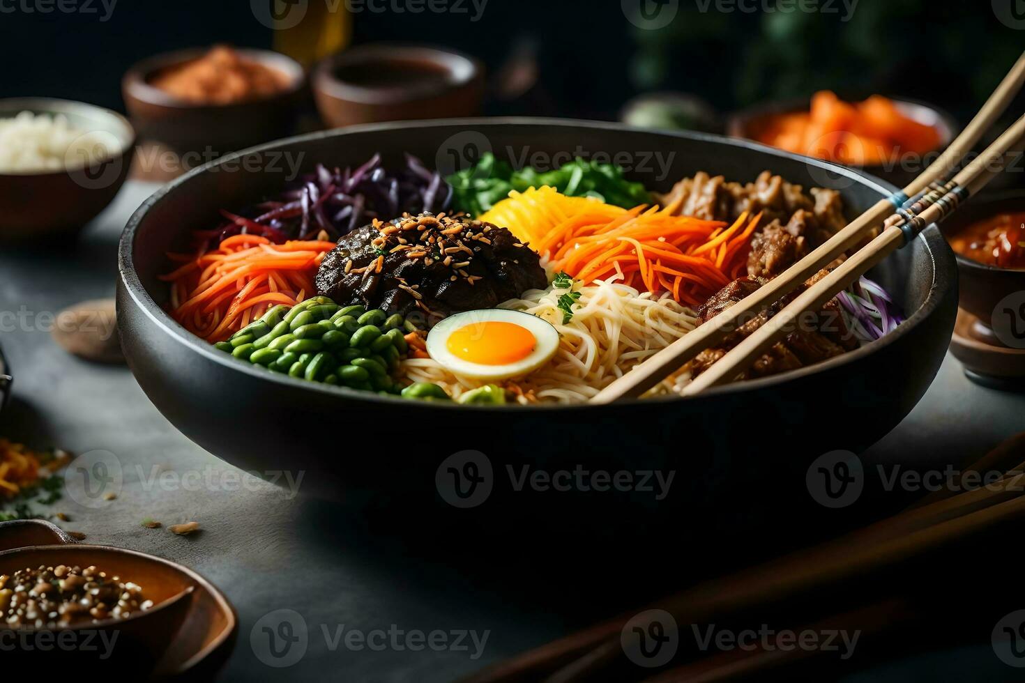 das Kamera ist ziehen um näher zu bibimbap, welche ist ein berühmt Essen von Korea das Raum hinter ist nicht leicht sichtbar oder schwer zu sehen ai generiert foto