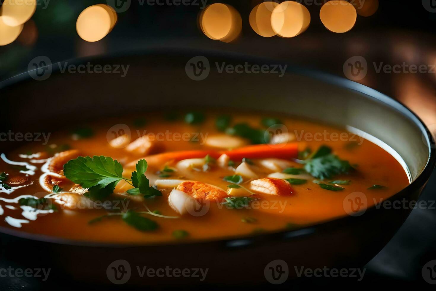 nehmen ein schließen aussehen beim ein köstlich Schüssel von Tom lecker Suppe, mit ein leicht verschwommen Hintergrund ai generiert foto