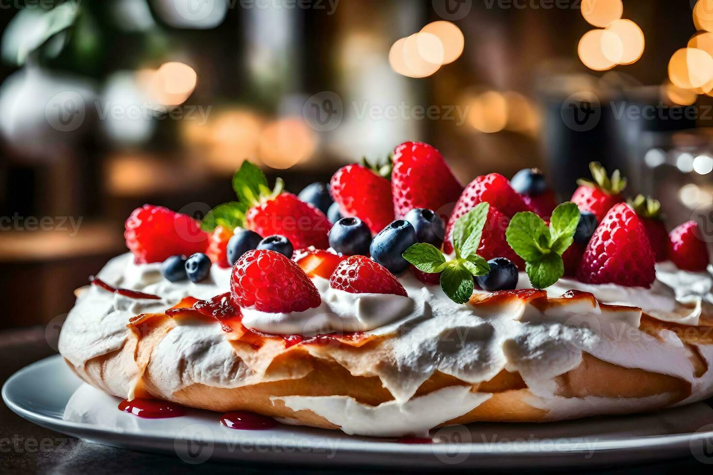 diese Text ist Über ein köstlich Dessert namens Pavlova und Warum es ist wertvoll Dort ist ein nett Restaurant gelegen beim das zurück ai generiert foto