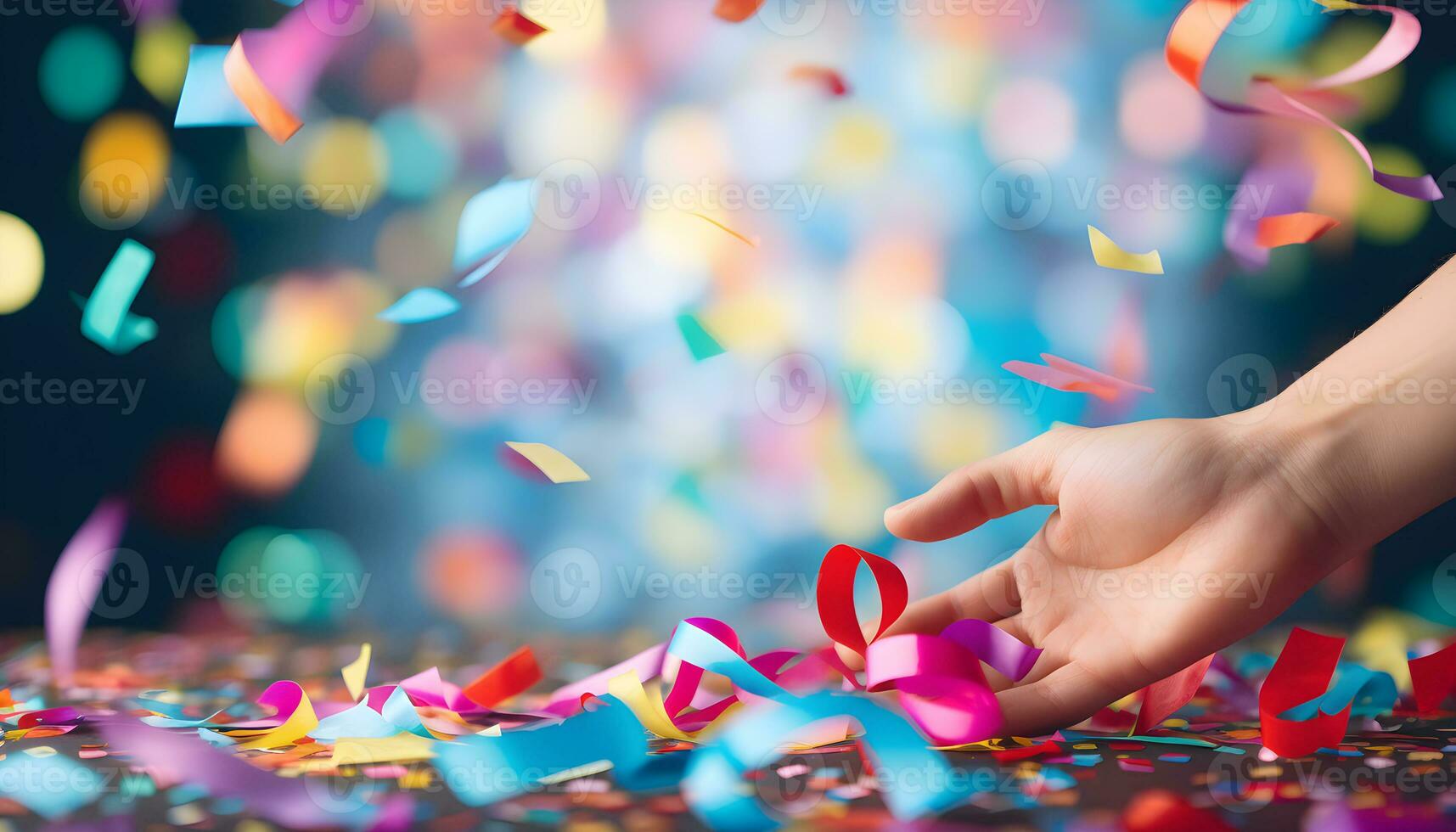 Hand halten Konfetti und bunt Schnitt Papier Streamer wie Party Dekoration. generativ ai foto