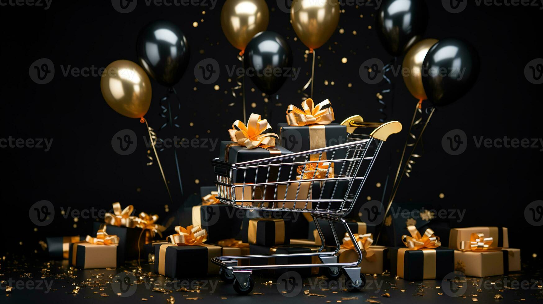 schwarz Freitag Verkauf und online Einkaufen Konzepte, Mini Einkaufen Wagen Tragen mit multi schwarz und Gold Geschenk Kasten. ai generiert foto