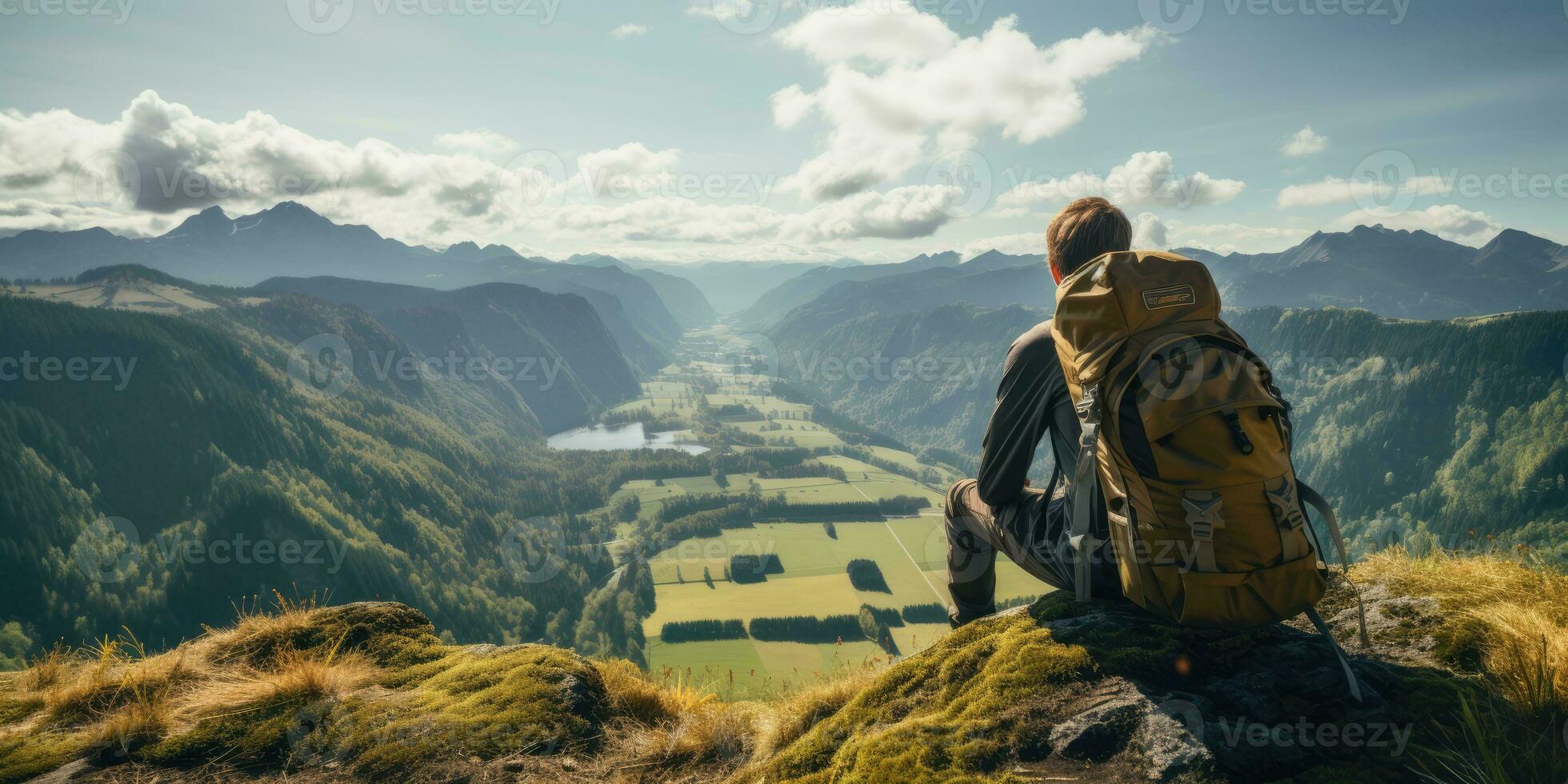 Mann Reisender auf Berg Gipfel genießen Natur generativ ai foto