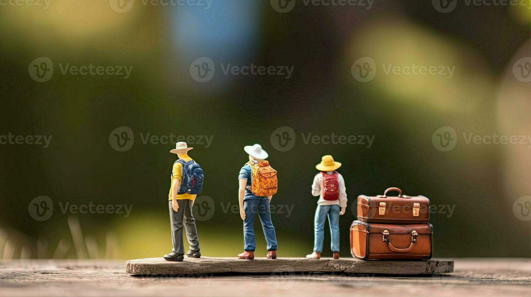 Gruppe von Touristen im Natur. Miniatur Reisende mit Rucksäcke. wenig Spielzeug Männer auf Wanderung. Tourist Konzept von Ferien und Wochenende erstellt mit generativ ai Technologie foto