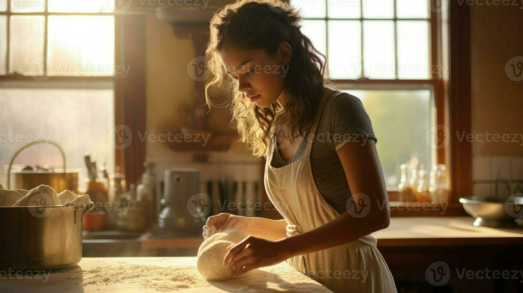 Mädchen knetet Teig im Bäckerei. Frau funktioniert wie Bäcker und macht Brot. Jahrgang retro Bäckerei Innere. Produktion von natürlich Öko-Produkte. ai generiert foto