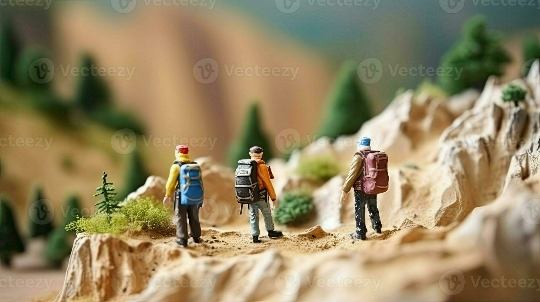 Miniatur Tourist im Berge. Spielzeug Mann Reisen und Wanderungen. Diorama sich ausruhen und Urlaub. klein Zeichen im Natur erstellt mit generativ ai Technologie foto