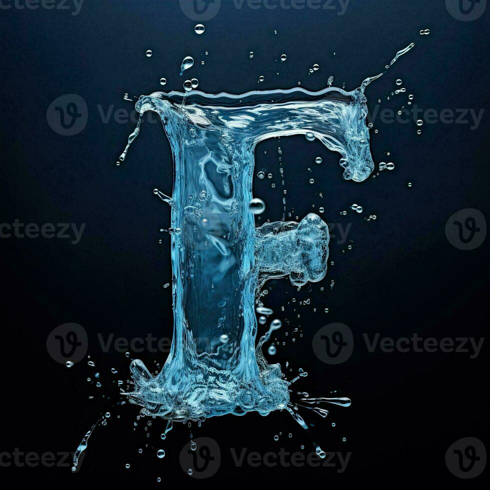 Brief f gemacht von Wasser. Schriftart mit spritzt und Tropfen von Blau flüssig. typografisch Symbol mit Jet und Spritzen. Marine Konzept von Frische, Flüssigkeit und das Meer. ai generiert foto