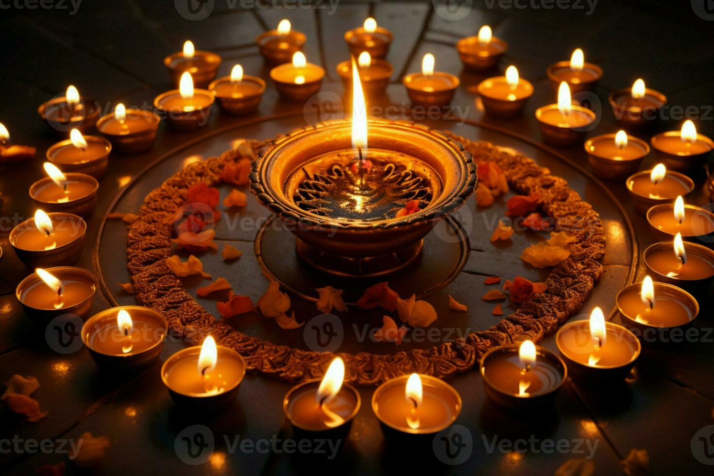 Kerzen ausgerichtet im ein Kreis, mit ein zentral Flamme, Gießen Licht ai generiert foto