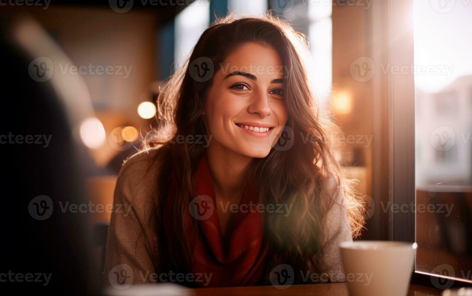 schön jung Frau Porträt suchen zu Kamera auf gemütlich Cafeteria. ai generativ foto