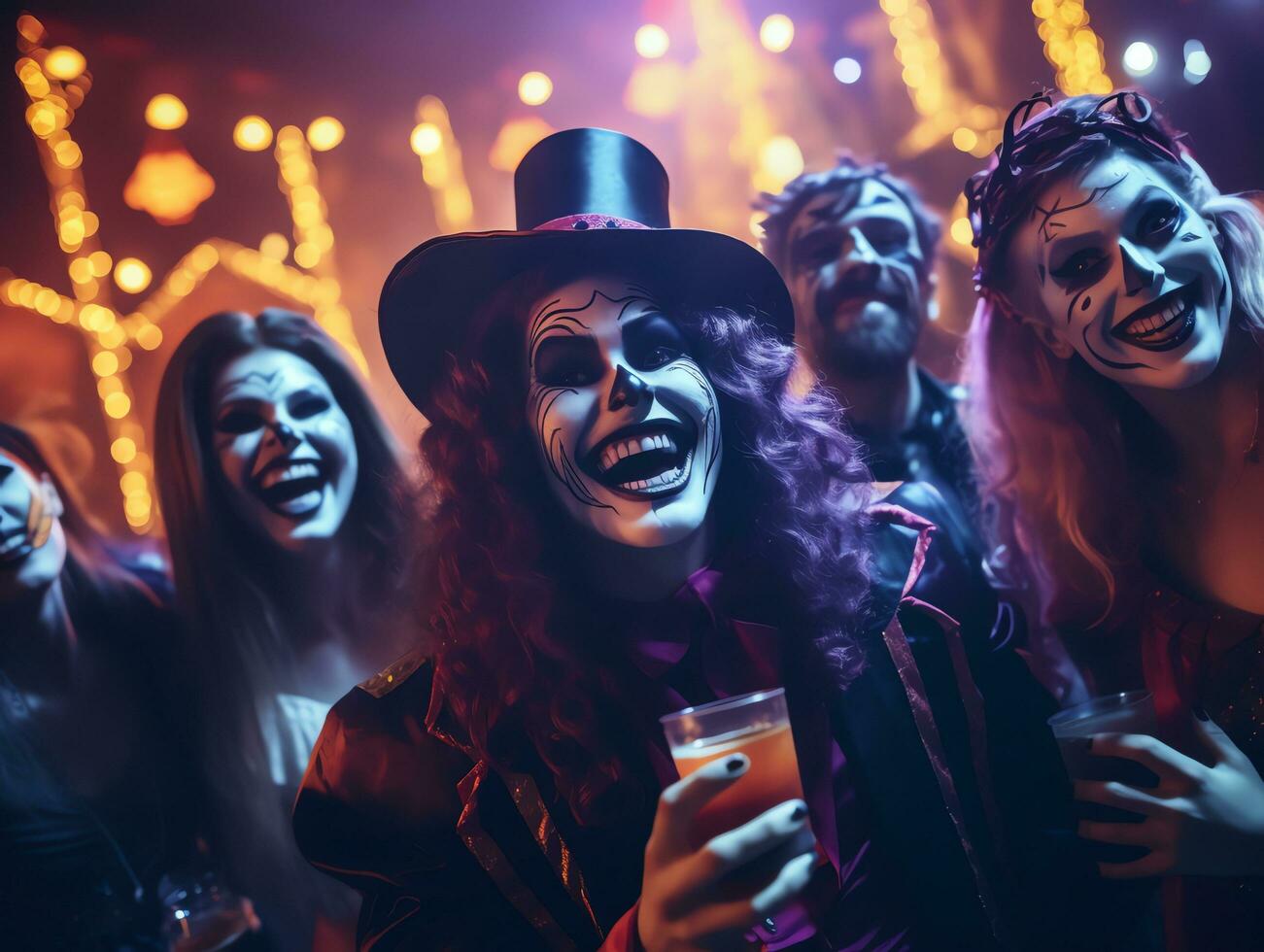 Gruppe von jung Menschen tragen Kostüme beim Halloween Party Trinken Cocktails und haben Spaß im Nachtclub, ai generiert foto