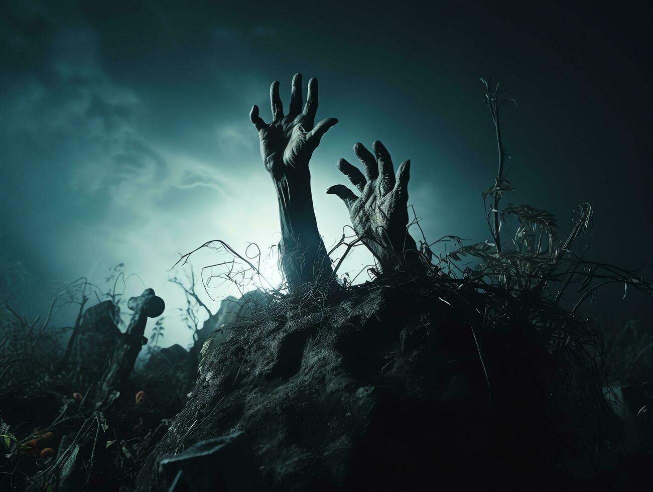 Zombie Hand steigend auf Grabstein im dunkel gespenstisch Nacht, Halloween Hintergrund, ai generiert foto