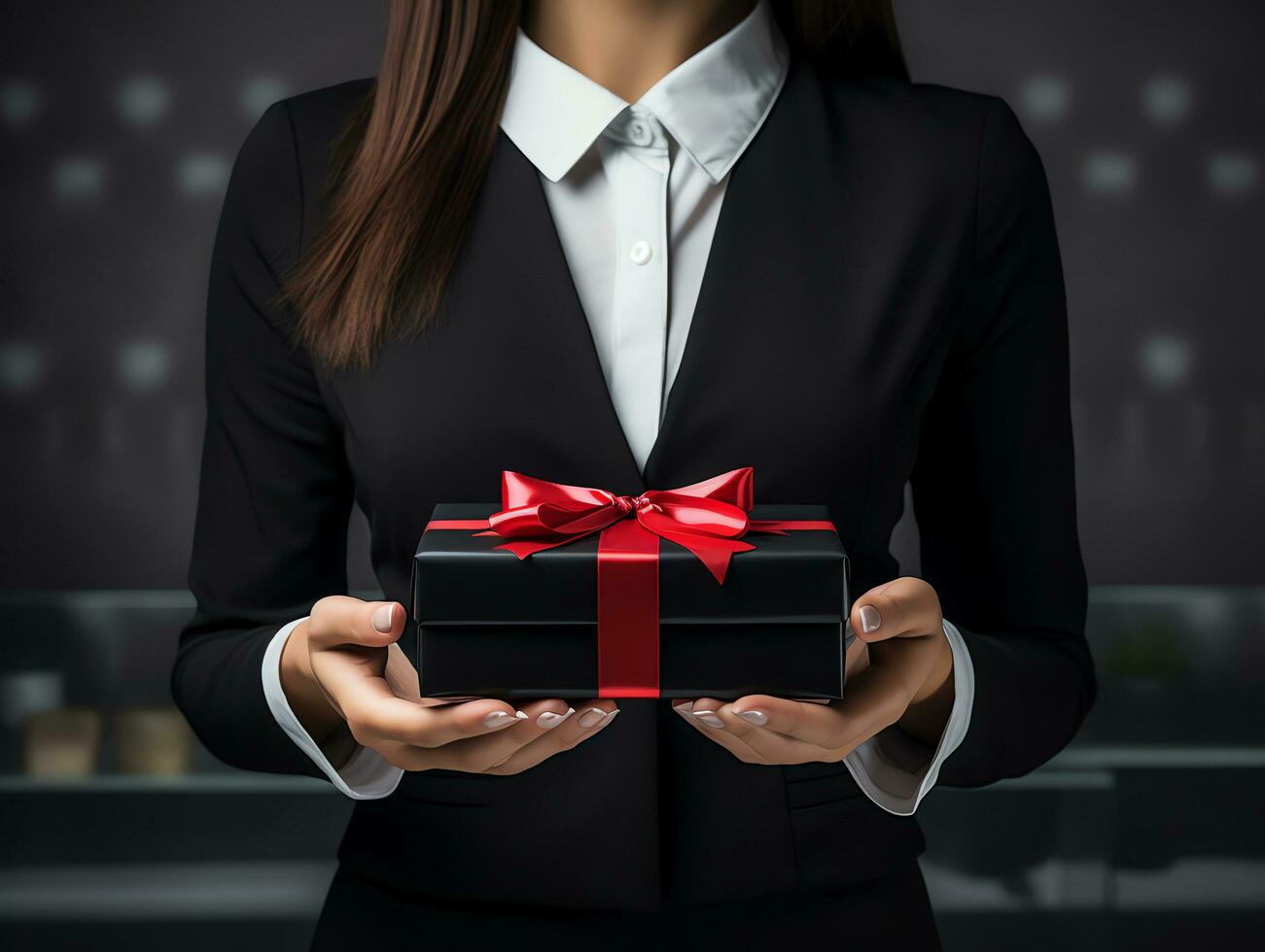 Frau halten Geschenk Box zum schwarz Freitag Urlaub Konzept, Einkaufen Rabatt, ai generiert foto