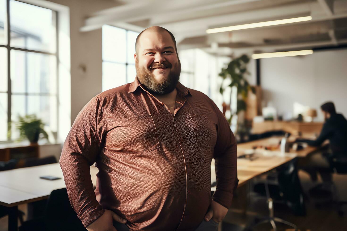 Plus Größe Manager Geschäftsmann Vorsitzender zuversichtlich und Stehen Vorderseite von modern Büro, ai generativ foto