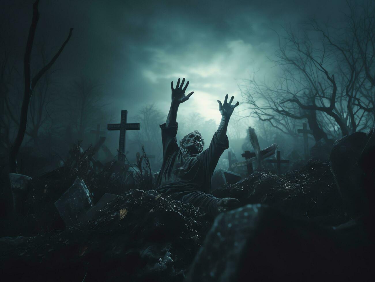 Zombie Hand steigend auf Grabstein im dunkel gespenstisch Nacht, Halloween Hintergrund, ai generiert foto