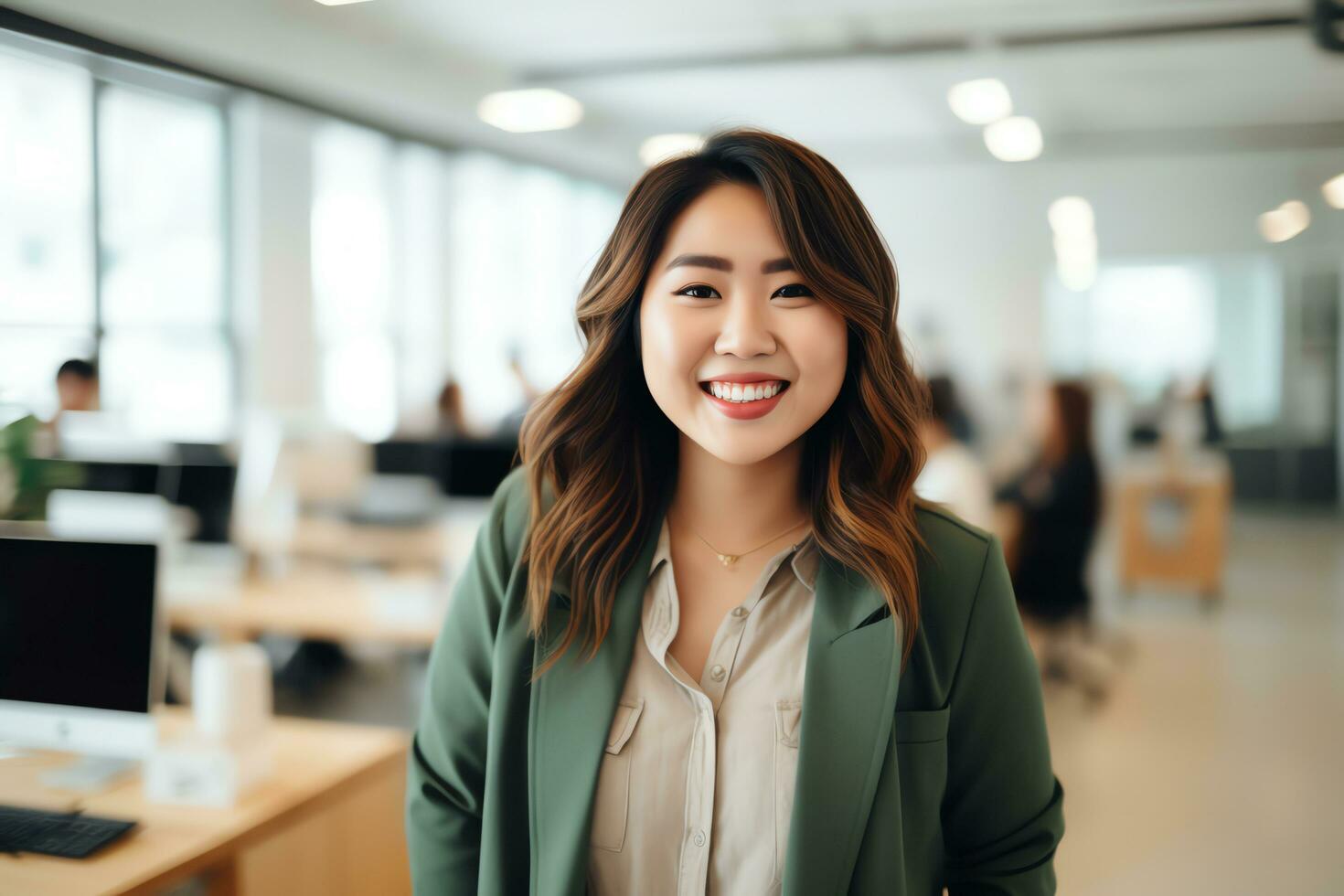 attraktiv asiatisch Geschäftsfrau Vorsitzender zuversichtlich und stand Vorderseite von modern Büro, ai generiert foto