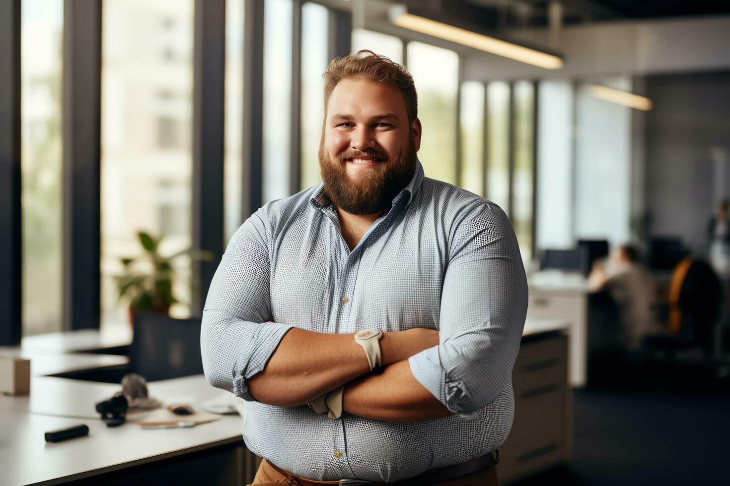 Plus Größe Manager Geschäftsmann Vorsitzender zuversichtlich und Stehen Vorderseite von modern Büro, ai generiert foto