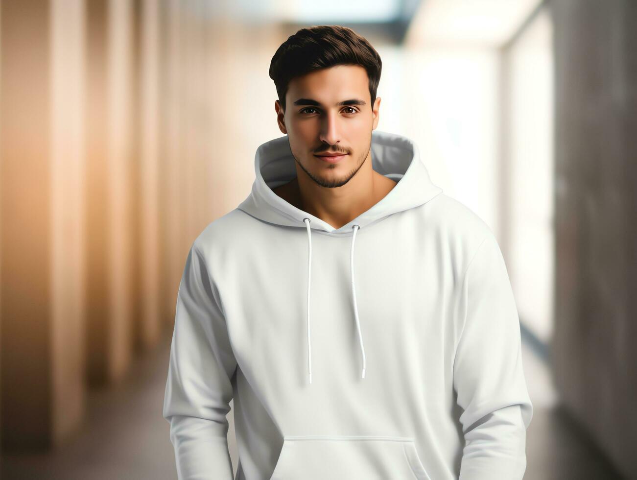 attraktiv kaukasisch Mann tragen leer leeren Weiß Kapuzenpullover Attrappe, Lehrmodell, Simulation zum Design Vorlage, ai generiert foto