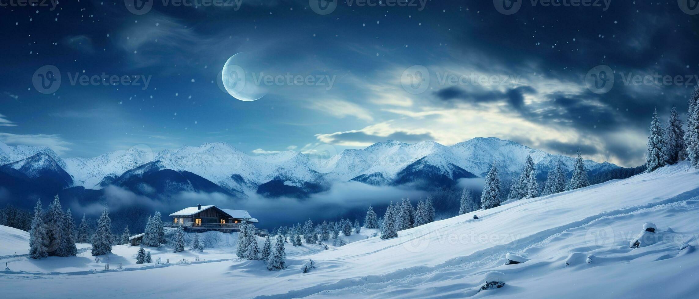 Winter Wunderland Panorama, Stock-Photo Himmel. 33341332 schneebedeckt generativ sternenklar Haus Berge hölzern im bei ai Vecteezy unter