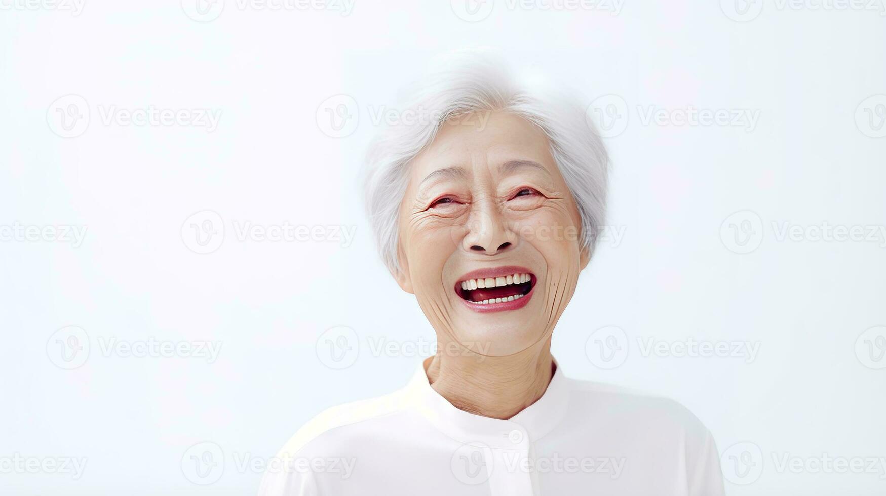 schließen oben Foto von ein 80 Jahre alt Chinesisch Frau Lachen mit Alzheimer Krankheit auf Weiß Hintergrund. generativ ai