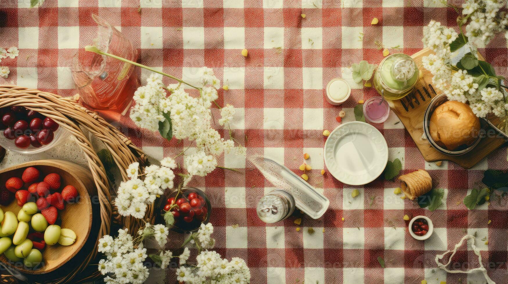 Picknick Natur Frühling Jahrgang oben Aussicht ai generiert foto