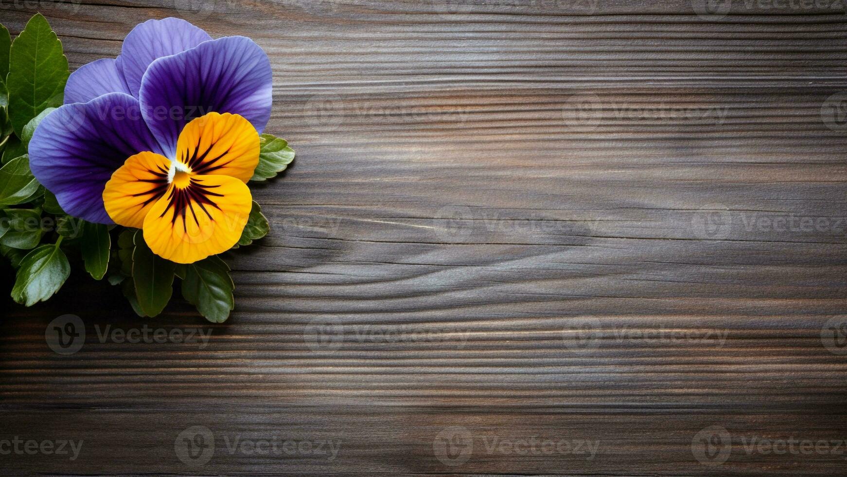Stiefmütterchen Blume auf ein Holz Hintergrund mit Kopieren Raum, ai generativ foto