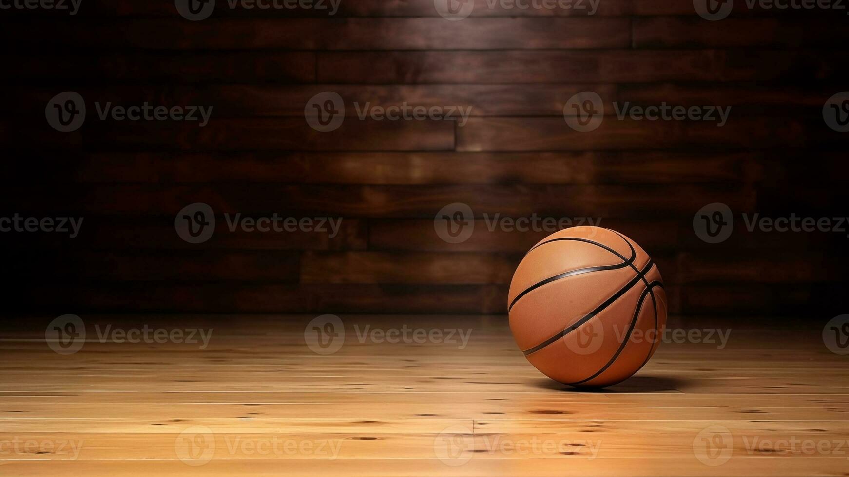 Basketball auf Holz Fußboden mit Copyspace Sport Fotografie, ai generativ foto