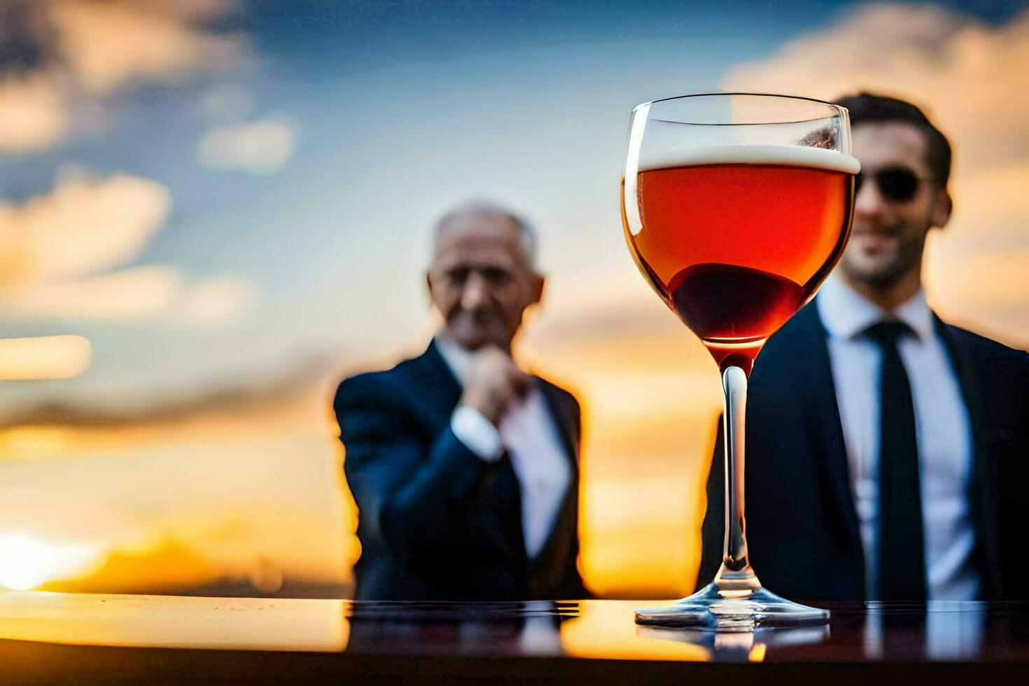 zwei Männer im Anzüge Stehen Nächster zu ein Glas von Wein. KI-generiert foto